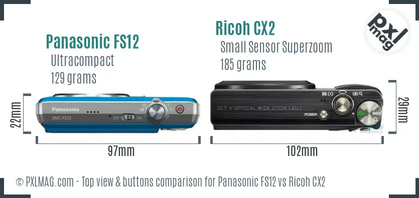 Panasonic FS12 vs Ricoh CX2 top view buttons comparison