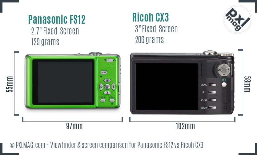 Panasonic FS12 vs Ricoh CX3 Screen and Viewfinder comparison