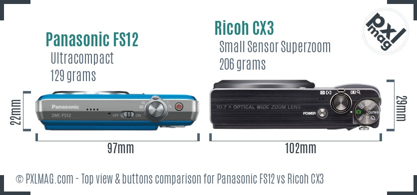 Panasonic FS12 vs Ricoh CX3 top view buttons comparison