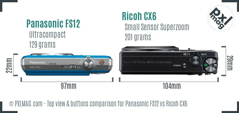 Panasonic FS12 vs Ricoh CX6 top view buttons comparison