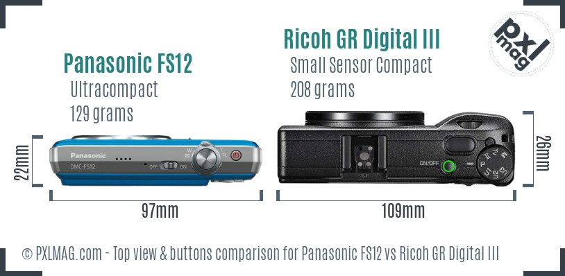 Panasonic FS12 vs Ricoh GR Digital III top view buttons comparison