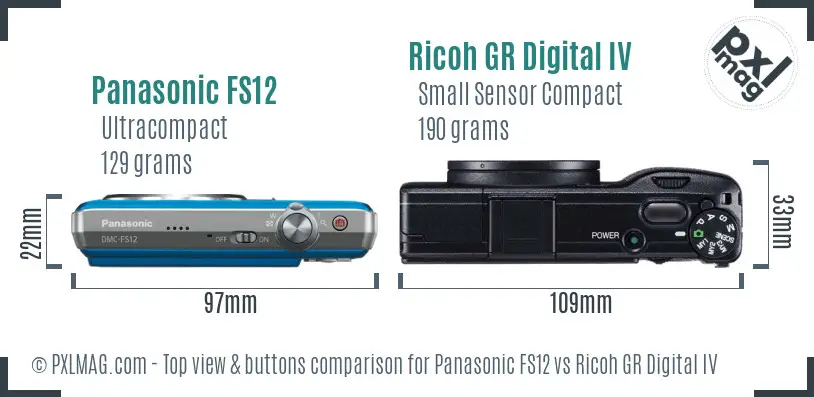 Panasonic FS12 vs Ricoh GR Digital IV top view buttons comparison Panasonic FS12 vs Ricoh GR Digital IV top view buttons comparison