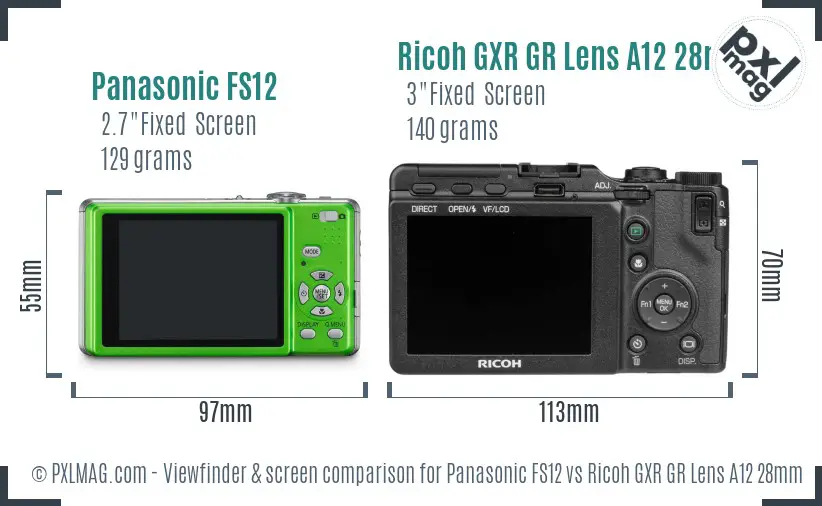 Panasonic FS12 vs Ricoh GXR GR Lens A12 28mm F2.5 Screen and Viewfinder comparison Panasonic FS12 vs Ricoh GXR GR Lens A12 28mm F2.5 Screen and Viewfinder comparison
