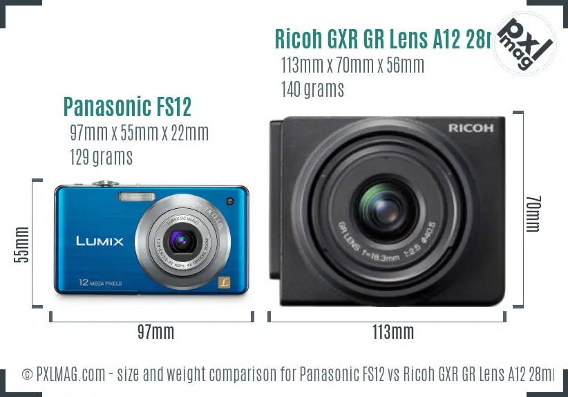 Panasonic FS12 vs Ricoh GXR GR Lens A12 28mm F2.5 size comparison Panasonic FS12 vs Ricoh GXR GR Lens A12 28mm F2.5 size comparison