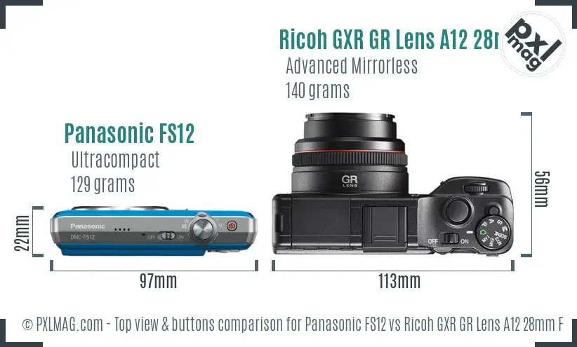 Panasonic FS12 vs Ricoh GXR GR Lens A12 28mm F2.5 top view buttons comparison Panasonic FS12 vs Ricoh GXR GR Lens A12 28mm F2.5 top view buttons comparison