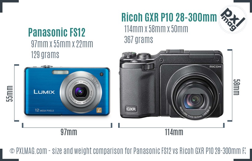 Panasonic FS12 vs Ricoh GXR P10 28-300mm F3.5-5.6 VC size comparison