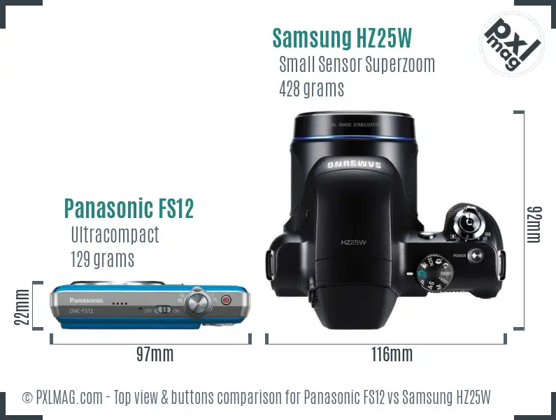 Panasonic FS12 vs Samsung HZ25W top view buttons comparison Panasonic FS12 vs Samsung HZ25W top view buttons comparison