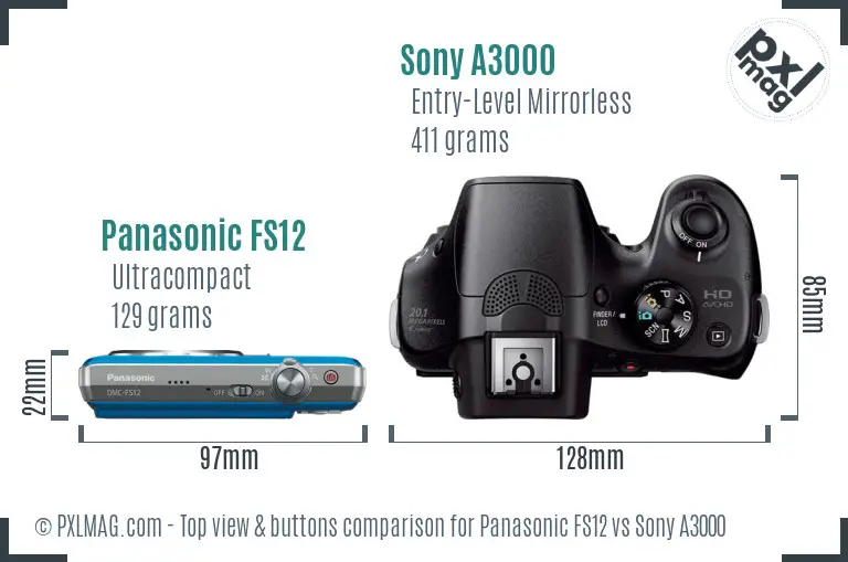 Panasonic FS12 vs Sony A3000 top view buttons comparison Panasonic FS12 vs Sony A3000 top view buttons comparison