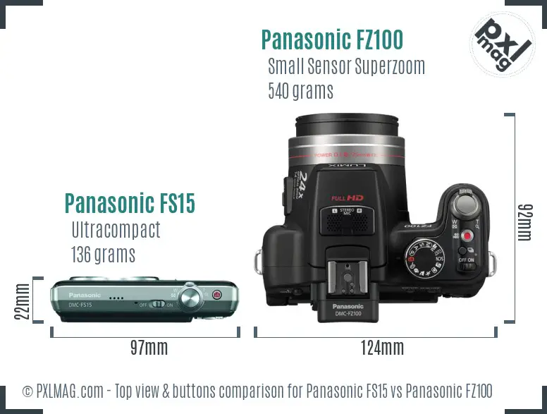 Panasonic FS15 vs Panasonic FZ100 top view buttons comparison Panasonic FS15 vs Panasonic FZ100 top view buttons comparison