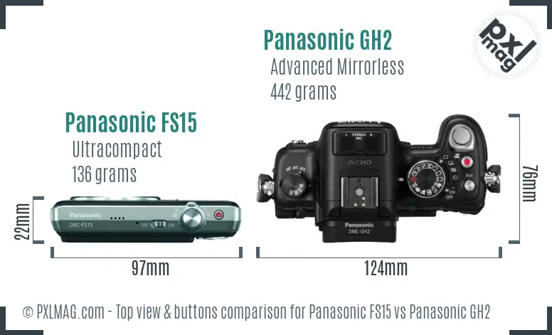 Panasonic FS15 vs Panasonic GH2 top view buttons comparison