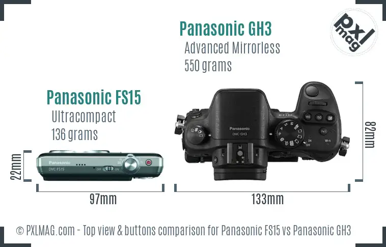 Panasonic FS15 vs Panasonic GH3 top view buttons comparison Panasonic FS15 vs Panasonic GH3 top view buttons comparison