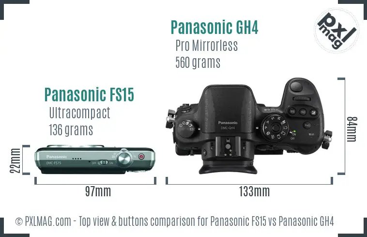 Panasonic FS15 vs Panasonic GH4 top view buttons comparison