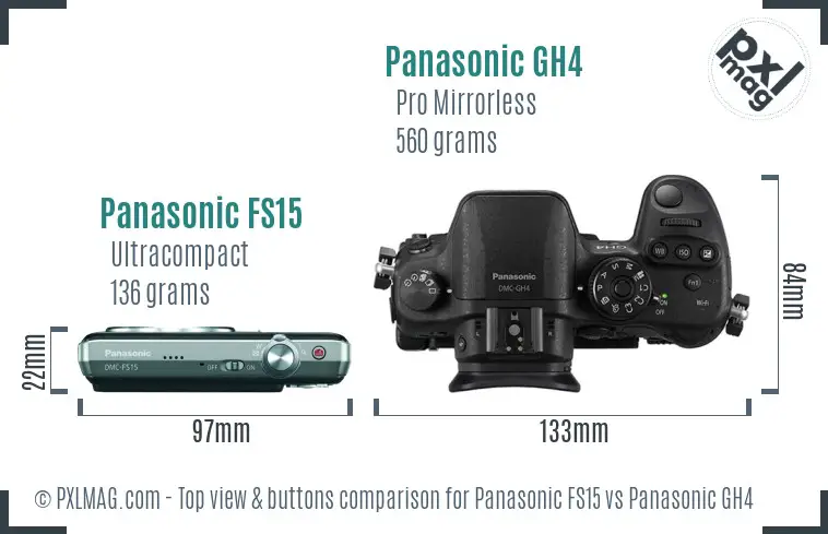 Panasonic FS15 vs Panasonic GH4 top view buttons comparison Panasonic FS15 vs Panasonic GH4 top view buttons comparison