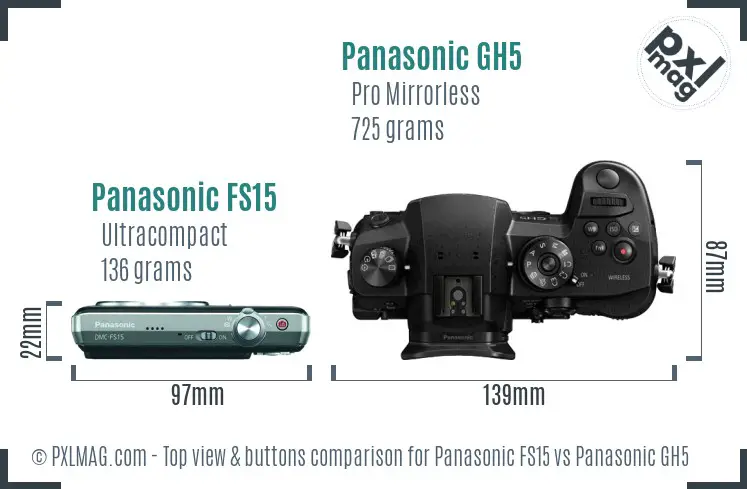 Panasonic FS15 vs Panasonic GH5 top view buttons comparison Panasonic FS15 vs Panasonic GH5 top view buttons comparison