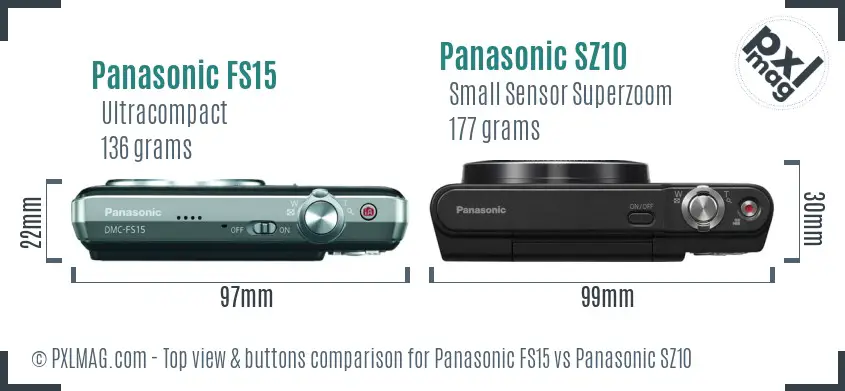 Panasonic FS15 vs Panasonic SZ10 top view buttons comparison Panasonic FS15 vs Panasonic SZ10 top view buttons comparison