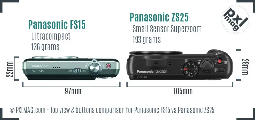 Panasonic FS15 vs Panasonic ZS25 top view buttons comparison