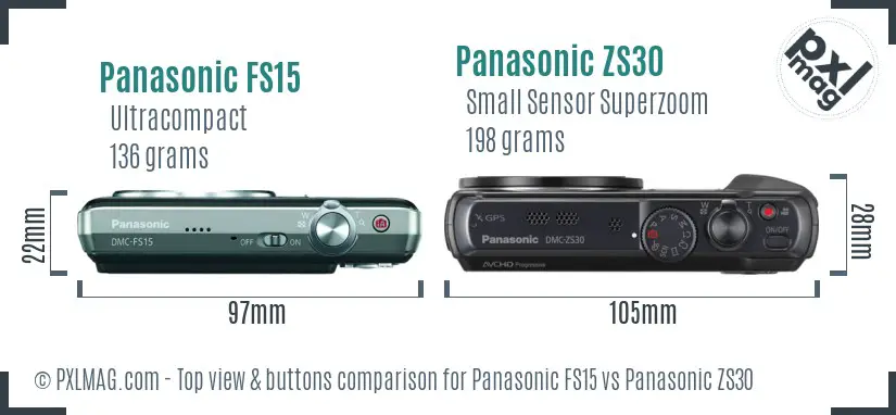 Panasonic FS15 vs Panasonic ZS30 top view buttons comparison