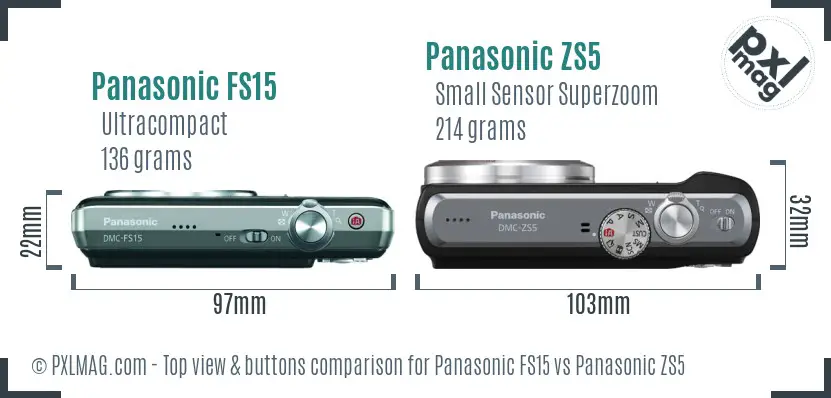 Panasonic FS15 vs Panasonic ZS5 top view buttons comparison