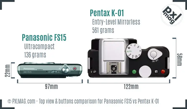 Panasonic FS15 vs Pentax K-01 top view buttons comparison