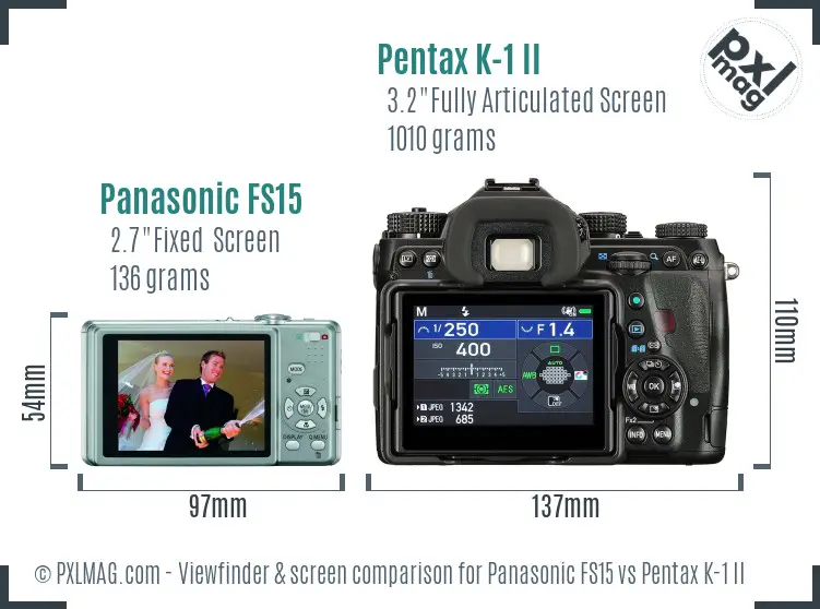 Panasonic FS15 vs Pentax K-1 II Screen and Viewfinder comparison