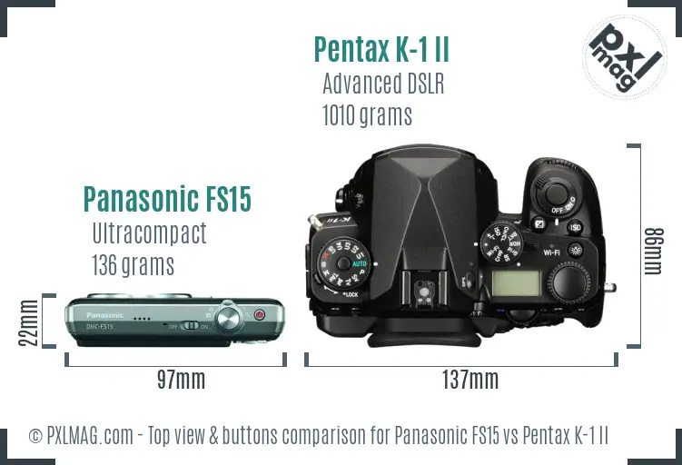 Panasonic FS15 vs Pentax K-1 II top view buttons comparison