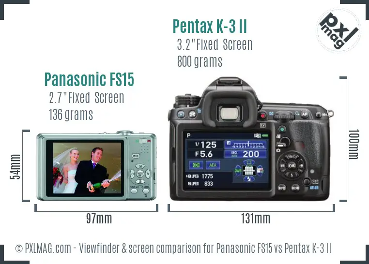 Panasonic FS15 vs Pentax K-3 II Screen and Viewfinder comparison