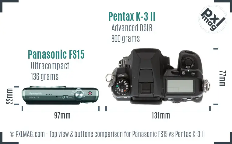 Panasonic FS15 vs Pentax K-3 II top view buttons comparison