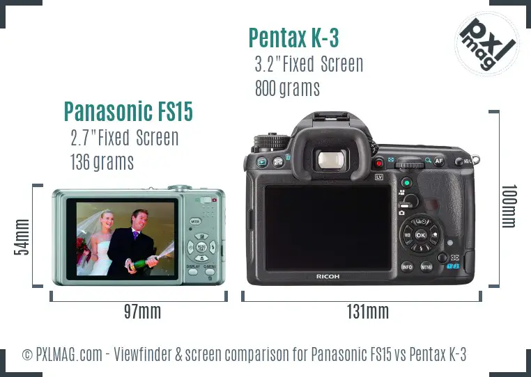 Panasonic FS15 vs Pentax K-3 Screen and Viewfinder comparison