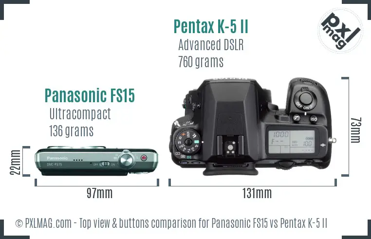 Panasonic FS15 vs Pentax K-5 II top view buttons comparison