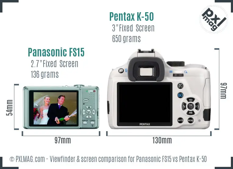 Panasonic FS15 vs Pentax K-50 Screen and Viewfinder comparison