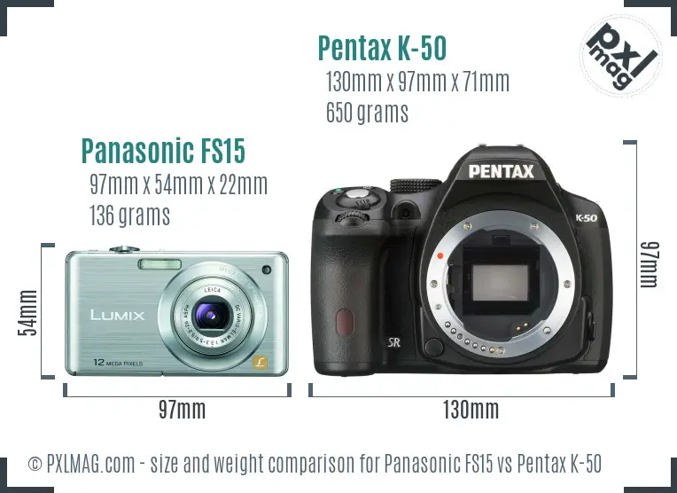 Panasonic FS15 vs Pentax K-50 size comparison