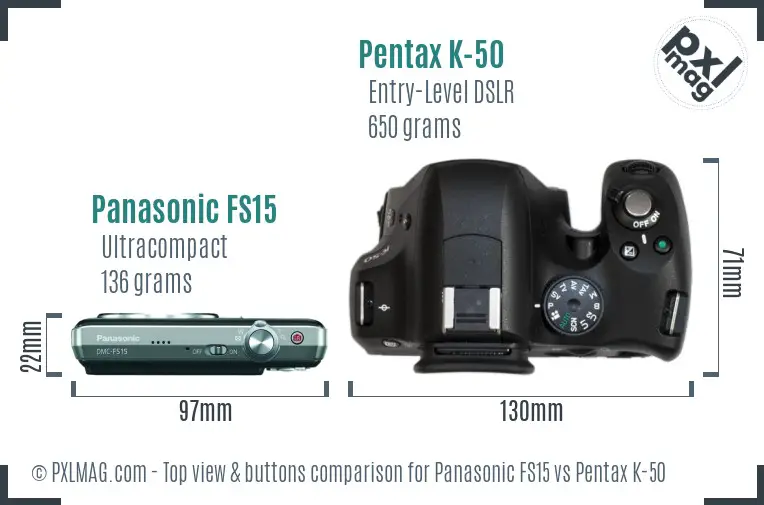 Panasonic FS15 vs Pentax K-50 top view buttons comparison