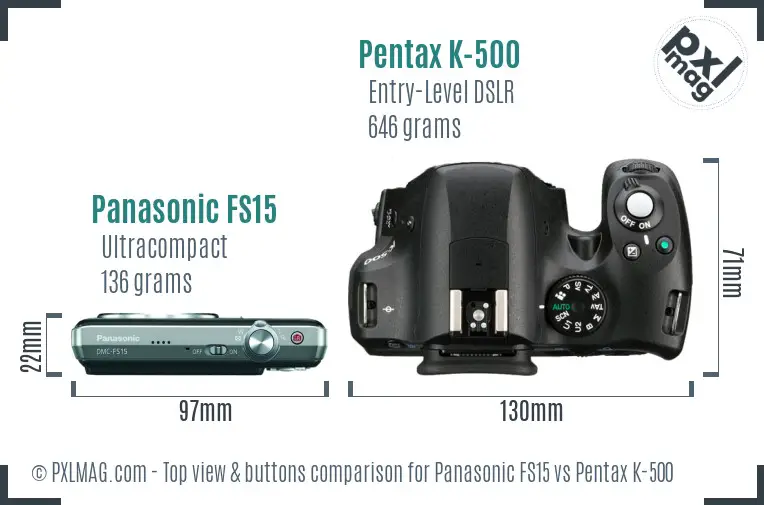 Panasonic FS15 vs Pentax K-500 top view buttons comparison