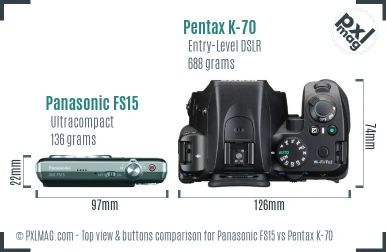 Panasonic FS15 vs Pentax K-70 top view buttons comparison