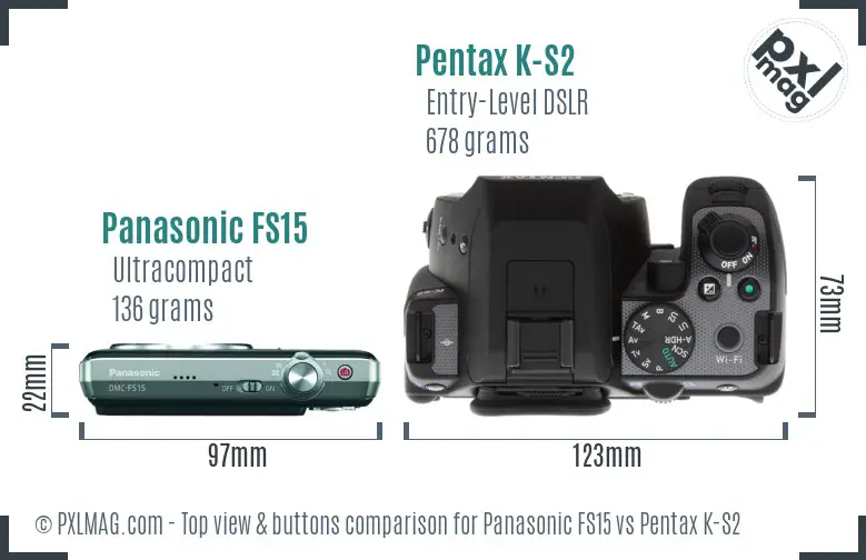 Panasonic FS15 vs Pentax K-S2 top view buttons comparison