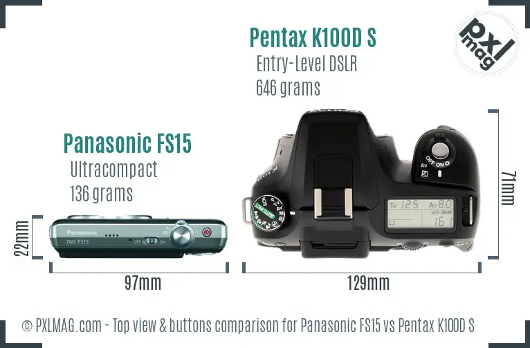 Panasonic FS15 vs Pentax K100D S top view buttons comparison