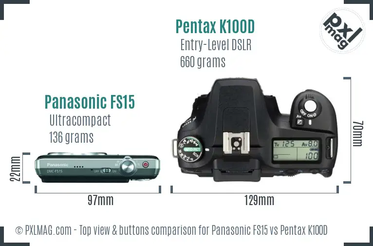 Panasonic FS15 vs Pentax K100D top view buttons comparison