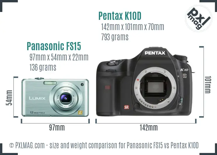 Panasonic FS15 vs Pentax K10D size comparison