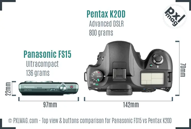 Panasonic FS15 vs Pentax K20D top view buttons comparison