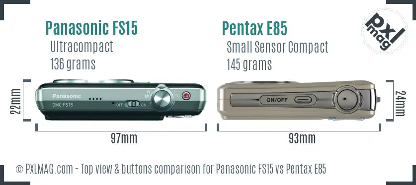 Panasonic FS15 vs Pentax E85 top view buttons comparison