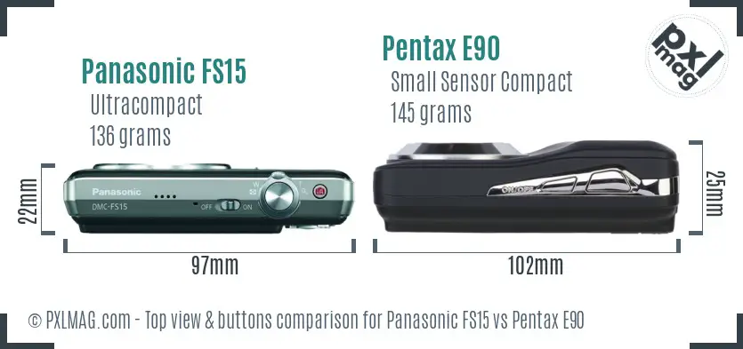 Panasonic FS15 vs Pentax E90 top view buttons comparison