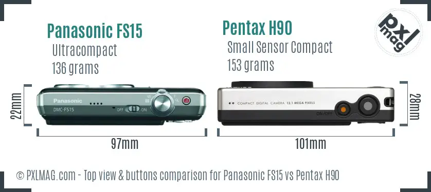 Panasonic FS15 vs Pentax H90 top view buttons comparison