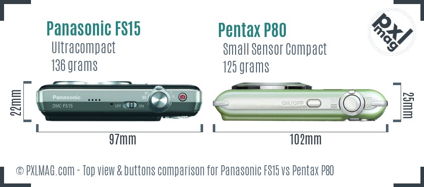 Panasonic FS15 vs Pentax P80 top view buttons comparison