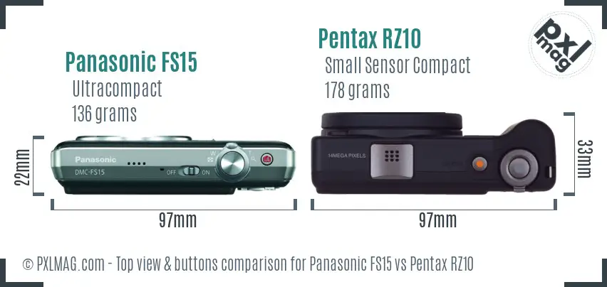 Panasonic FS15 vs Pentax RZ10 top view buttons comparison