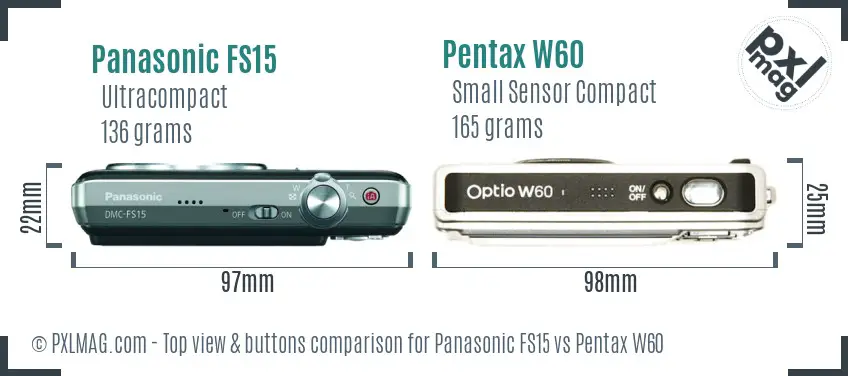 Panasonic FS15 vs Pentax W60 top view buttons comparison