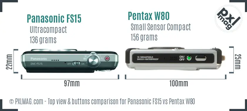 Panasonic FS15 vs Pentax W80 top view buttons comparison