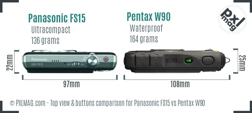 Panasonic FS15 vs Pentax W90 top view buttons comparison