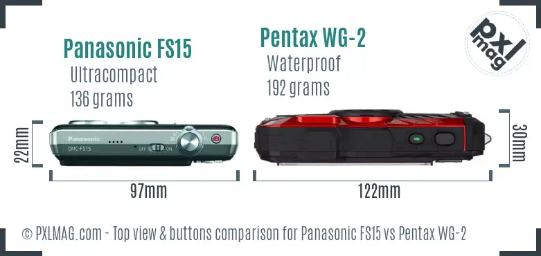Panasonic FS15 vs Pentax WG-2 top view buttons comparison