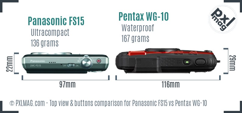 Panasonic FS15 vs Pentax WG-10 top view buttons comparison