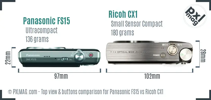 Panasonic FS15 vs Ricoh CX1 top view buttons comparison